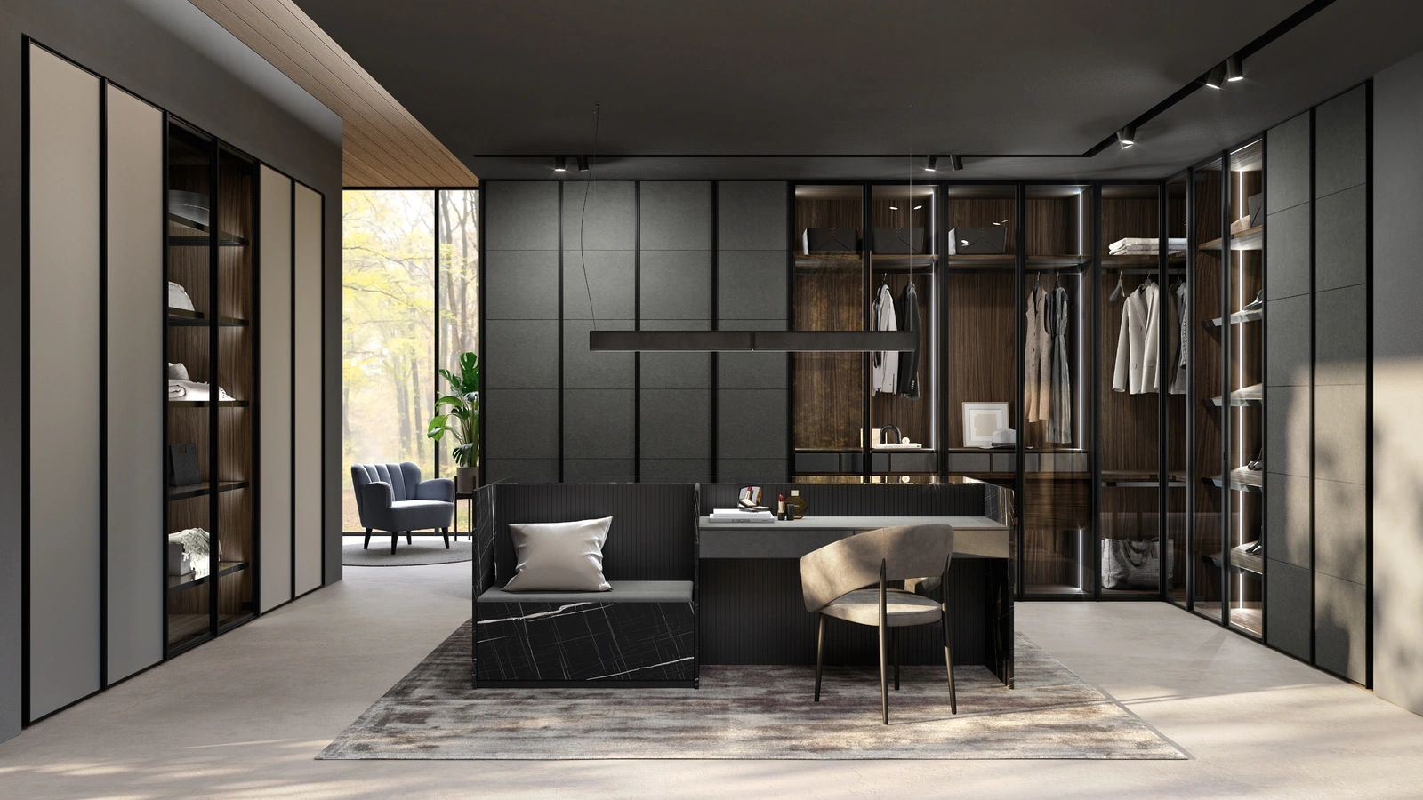 Armadio moderno con struttura in alluminio e ante in vetro, ecopelle e laccato Shine di GF Interiors