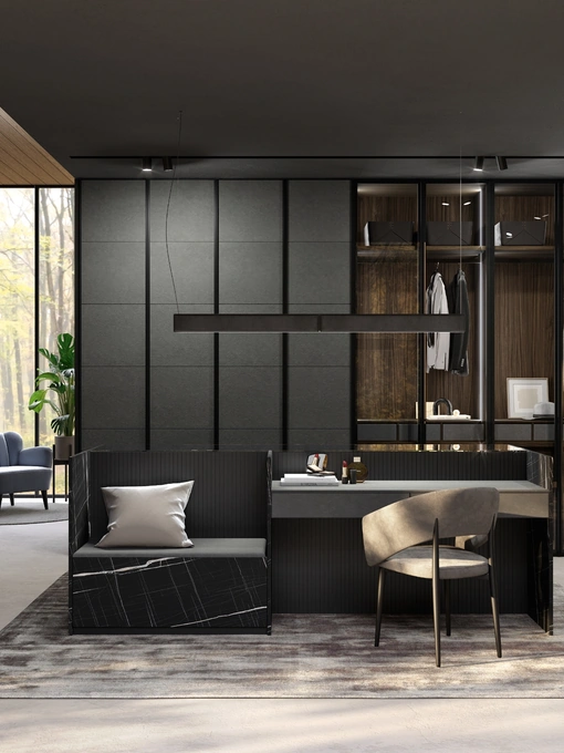 Armadio moderno con struttura in alluminio e ante in vetro, ecopelle e laccato Shine di GF Interiors