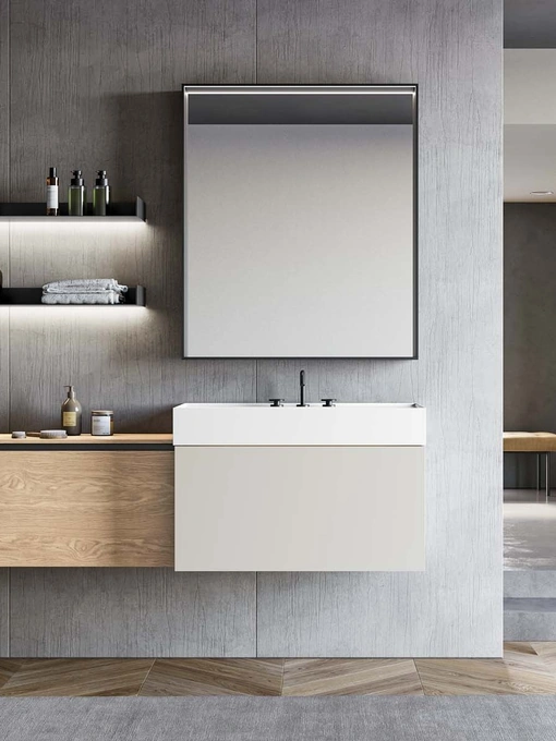 Mobile da Bagno sospeso in laccato opaco light grey e materico rovere Virginia Lapis 02 di Birex