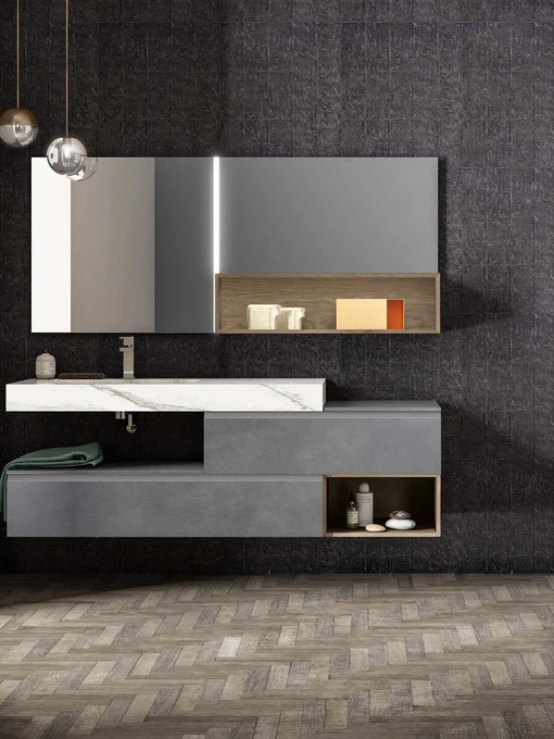 Mobile da Bagno sospeso in laccato metallico piombo Lapis 05 di Birex