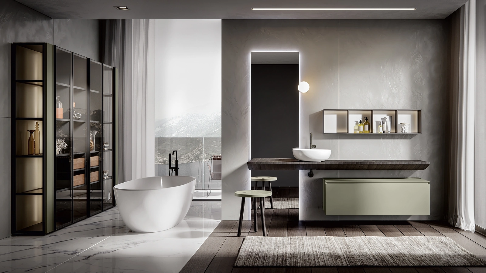 Mobile da Bagno sospeso Chrono 2302 laccato opaco Argilla con top Vela in Castagno tinto Fuliggine di Edoné