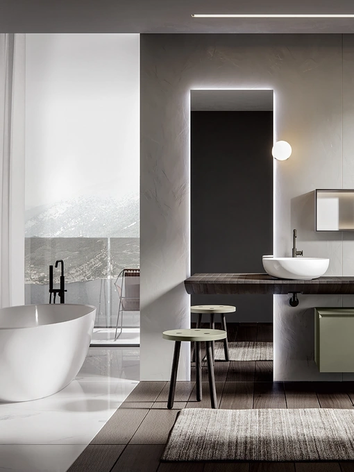 Mobile da Bagno sospeso Chrono 2302 laccato opaco Argilla con top Vela in Castagno tinto Fuliggine di Edoné