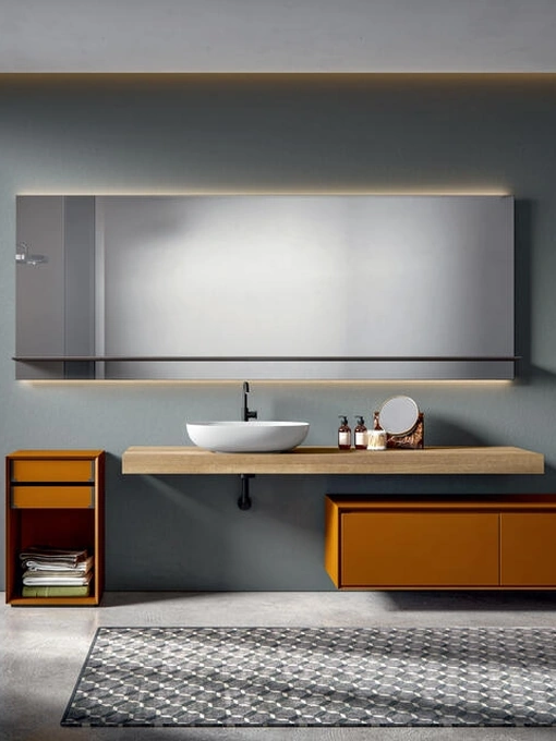 Mobile da Bagno sospeso laccato Ruggine opaco con consolle Castagno tinto Naturale Crio 005 di Edoné