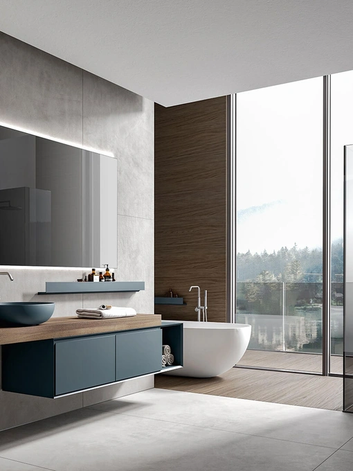 Mobile da Bagno sospeso Crio 006 laccato opaco Pavone con top Doga Castagno tinto Cumino di Edoné