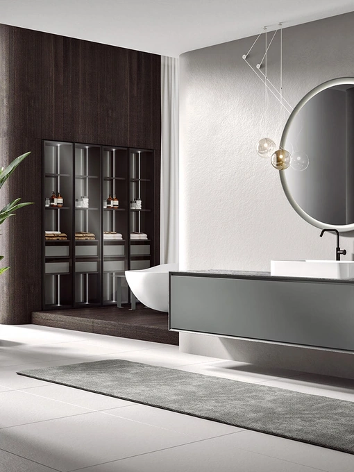 Mobile da Bagno sospeso Crio 2308 laccato opaco Peltro con top e perimetro in Gres Iseo Gris di Edoné