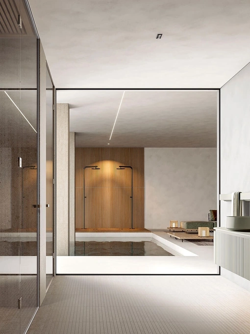 Mobile da Bagno sospeso dalla forma arrotondata Calipso 2341 finitura Texture Veneziana impiallacciato Castagno tinto di Edoné