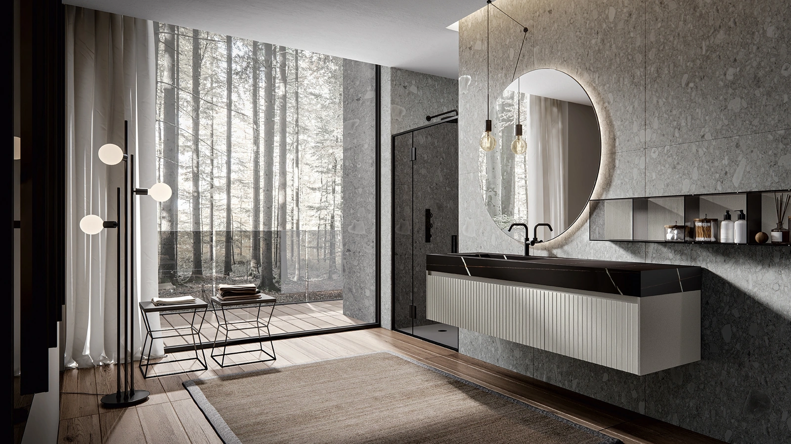 Mobile da Bagno sospeso Eos 2321 laccato opaco Quarzo con frontale finitura texture Veneziana e top in Gres di Edoné