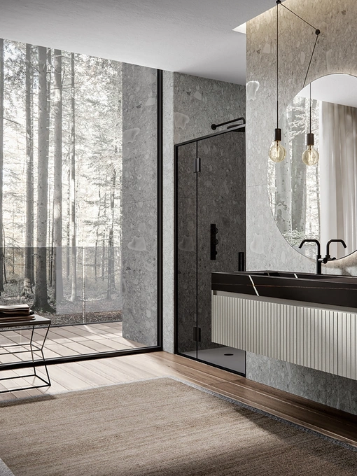 Mobile da Bagno sospeso Eos 2321 laccato opaco Quarzo con frontale finitura texture Veneziana e top in Gres di Edoné