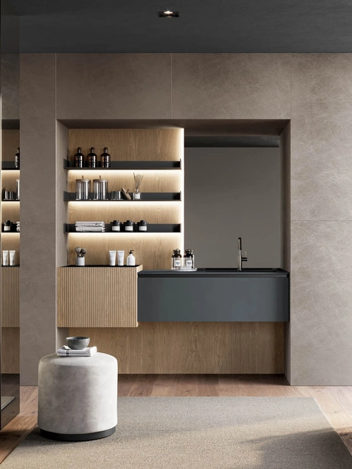 Mobile da Bagno sospeso in fenix grigio bromo e canneté rovere visone Facto 01 di Birex