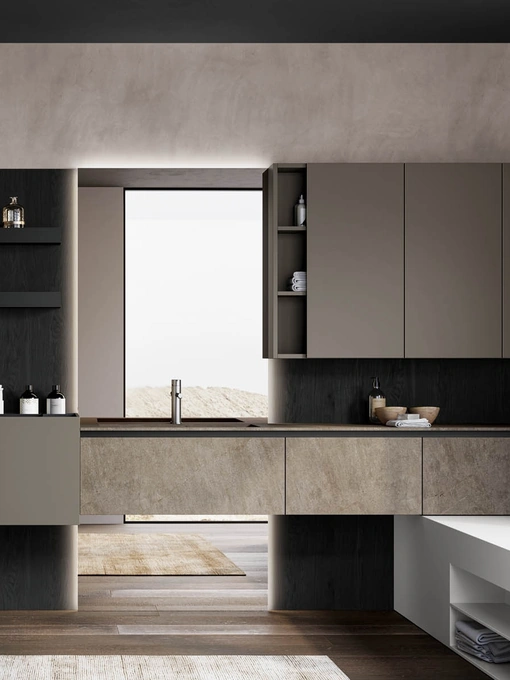 Mobile da Bagno sospeso Facto 02 in gres, laccato ed essenza rovere di Birex
