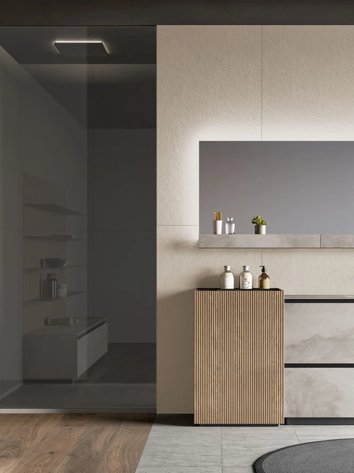 Mobile da Bagno a terra Facto 03 in gres e canneté rovere visone di Birex