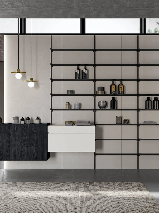 Mobile da Bagno sospeso in laccato opaco bianco e essenza rovere carbone Facto 06 di Birex