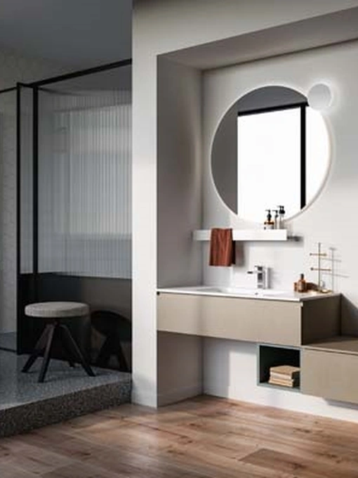 Mobile da bagno sospeso in laccato opaco terracotta e melaminico argilla Lapis 03 di Birex