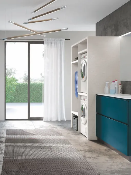 Mobile da Bagno per lavanderia in laccato opaco Blu Oceano e HPL Bianco Ghiaccio Laundry 07 di Puntotre
