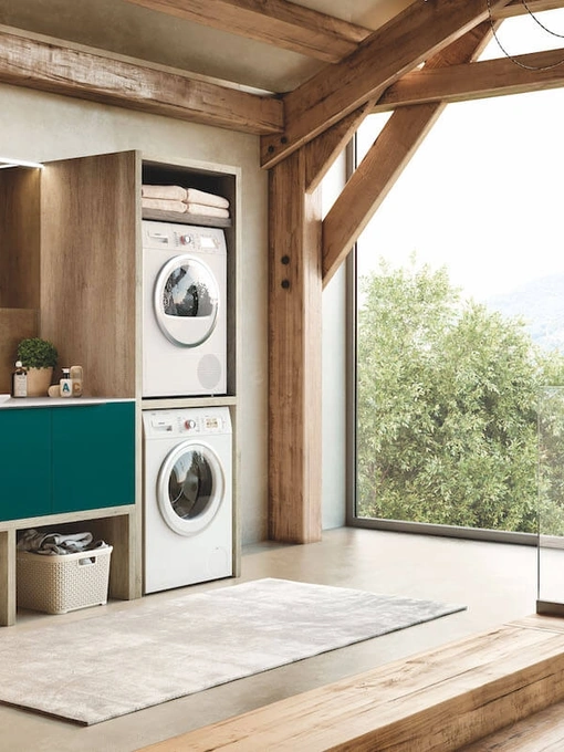 Mobile da Bagno per lavanderia in laccato Verde Blu opaco e HPL Rovere Laundry 08 di Puntotre