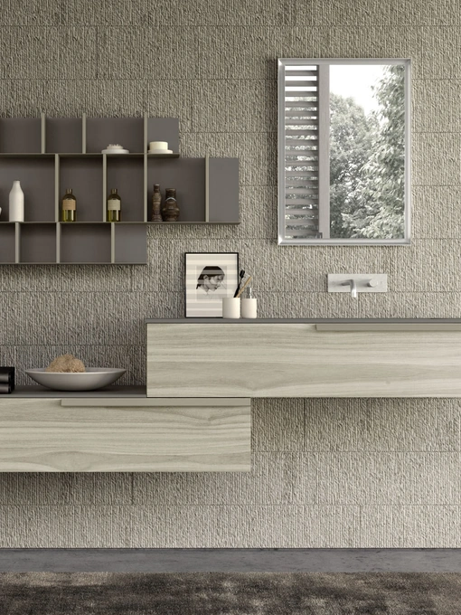 Mobile da Bagno sospeso M System 023 in melaminico effetto legno di Baxar