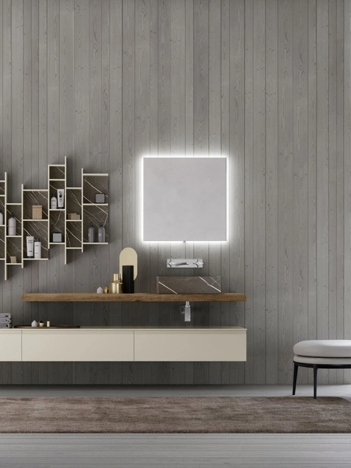 Mobile da Bagno sospeso M1 System 124 in laccato opaco Platino e top in Rovere Corteccia di Baxar