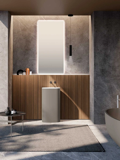Mobile da Bagno M2 System 232 in legno impiallacciato di Eucalipto e lavabo laccato di Baxar