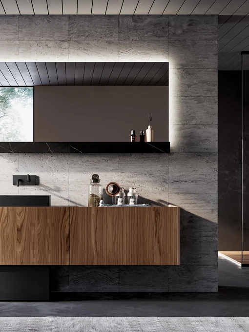 Mobile da Bagno sospeso in essenza noce e laccato nero Major 04 di Birex