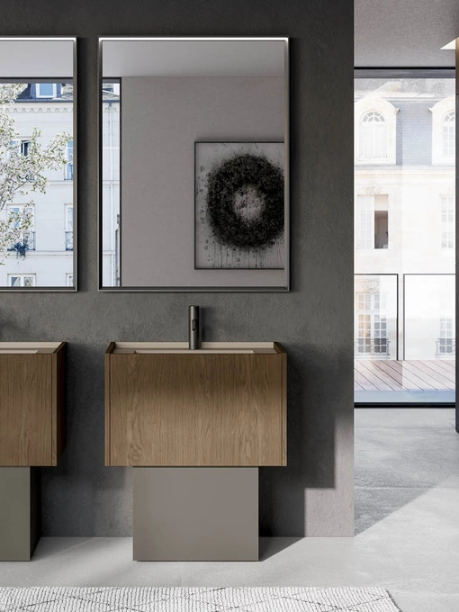 Mobile da Bagno a terra in essenza rovere castoro e laccato opaco grigio Major 07 di Birex