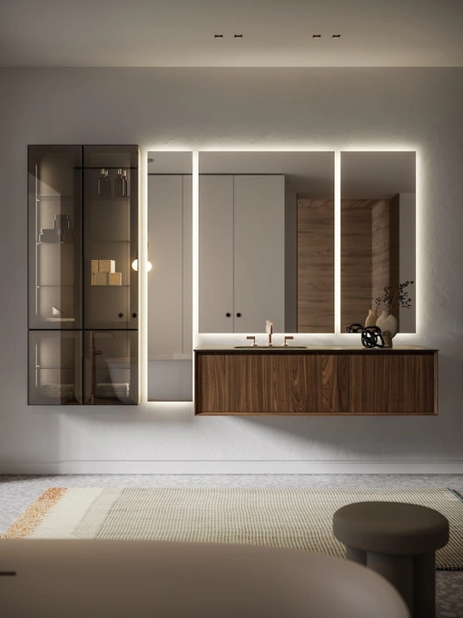 Mobile da Bagno sospeso in legno Noce Canaletto e vetro Modula 07 di Puntotre