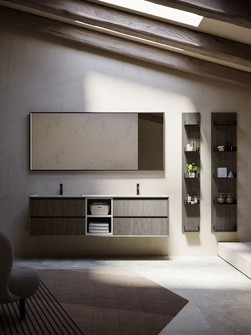 Mobile da Bagno sospeso in legno Rovere Cemento Modula 08 di Puntotre