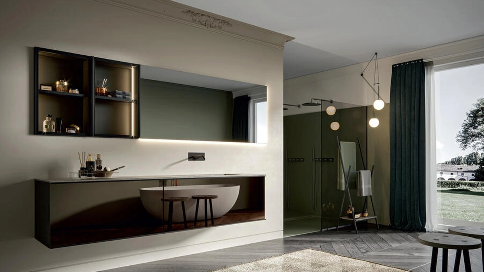 Mobile da Bagno sospeso con frontale specchio Fumè e struttura laccato opaco Asfalto con telaio in alluminio Rea 007 di Edoné