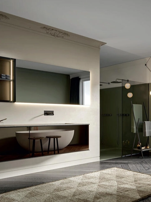 Mobile da Bagno sospeso con frontale specchio Fumè e struttura laccato opaco Asfalto con telaio in alluminio Rea 007 di Edoné
