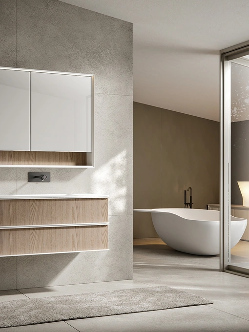 Mobile da Bagno Rea 009 in Castagno tinto Cumino con top in vetro extrachiaro sabbiato Diamante di Edoné