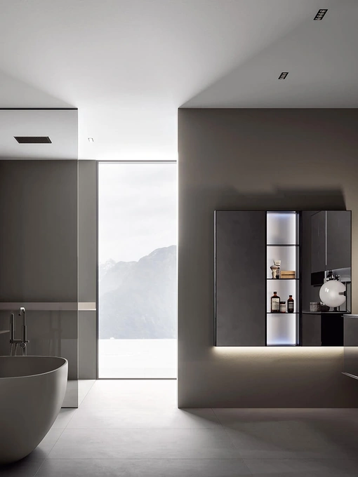 Mobile da Bagno sospeso Rea 2312 in vetro Fumé e laccato opaco Asfalto di Edoné