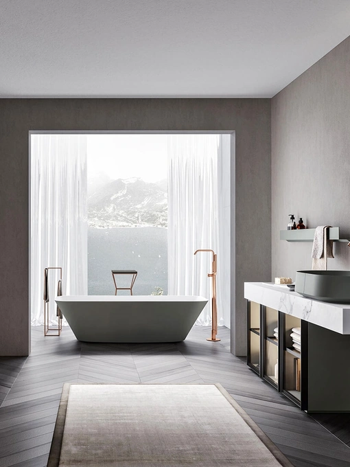 Mobile da Bagno a terra Rea 2313 con frontale in Vetro Fumé, struttura in laccato Peltro opaco e top in HPL Bianco Statuario di Edoné