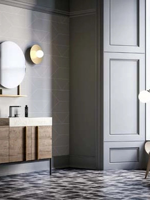 Mobile da Bagno a terra in essenza rovere con top in gres effetto marmo Sidero 01 di Birex