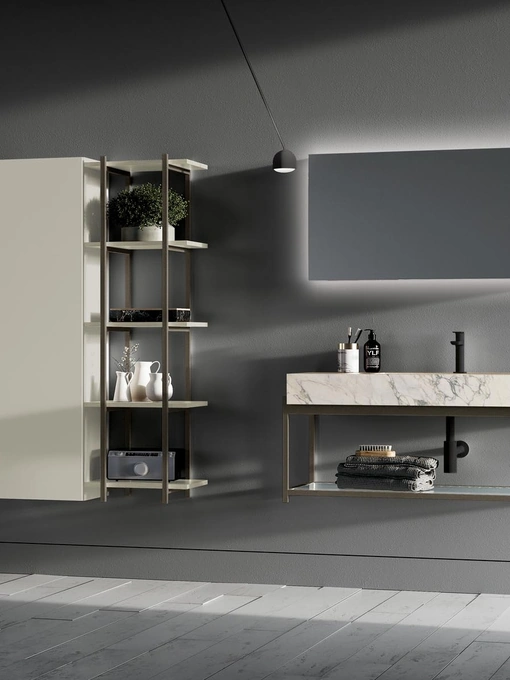 Mobile da Bagno sospeso in HPL Statuario e laccato opaco tortora Sidéro 02 di Birex
