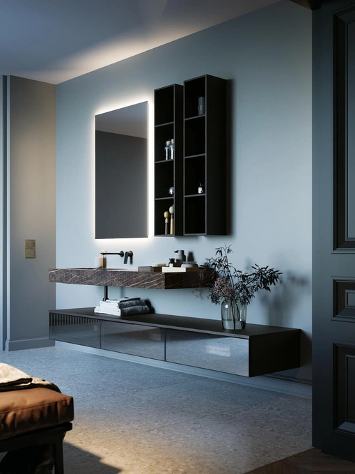 Mobile da Bagno sospeso in vetro con top in gres Sistema Maniglia 15 di Puntotre