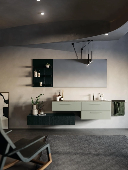 Mobile da Bagno sospeso in laccato e laminato con top in gres Sistema Maniglia 21 di Puntotre