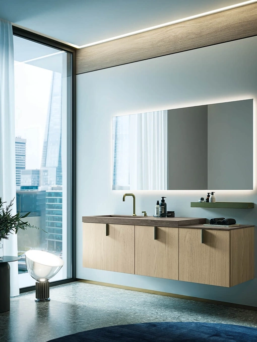 Mobile da Bagno sospeso in laminato finitura Olmo e top in gres Sistema Maniglia 22 di Puntotre