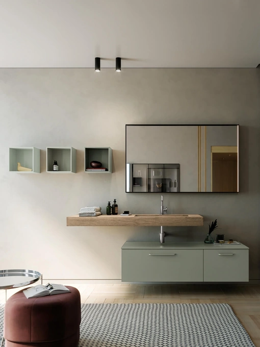 Mobile da Bagno sospeso laccato opaco con top in HPL finitura Rovere Sistema Maniglia 23 di Puntotre