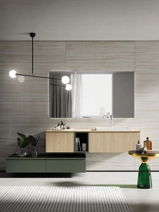 Mobile da Bagno sospeso in laminato finitura Olmo e laccato Sistema Maniglia 24 di Puntotre