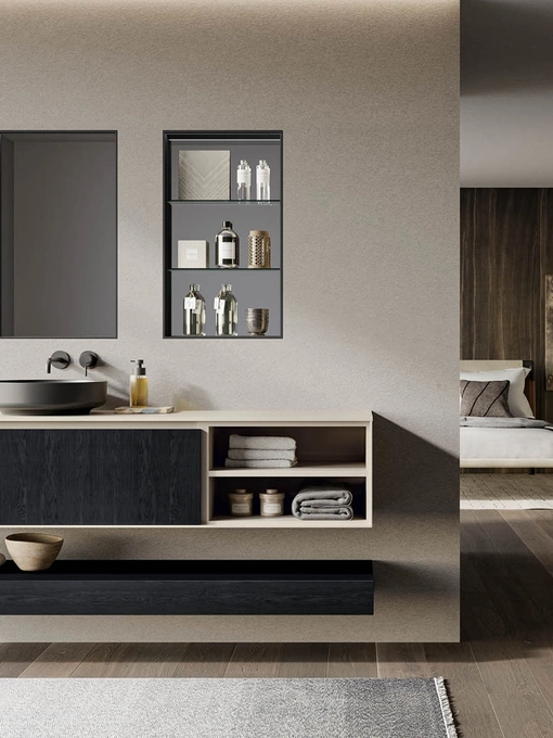 Mobile da Bagno sospeso in essenza rovere carbone e laccato opaco tortora Traccia 03 di Birex