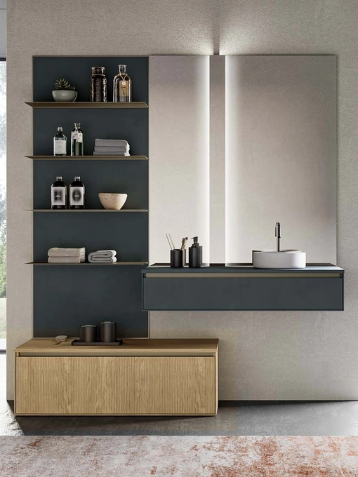 Mobile da Bagno sospeso in laccato opaco grigio antracite e canneté essenza rovere naturale Traccia 06 di Birex