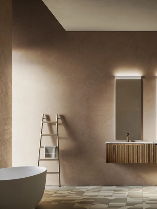 Mobile da Bagno sospeso con base curva in polimerico finitura effetto legno con doppio lavabo Vertigo Evolution 14 di Puntotre