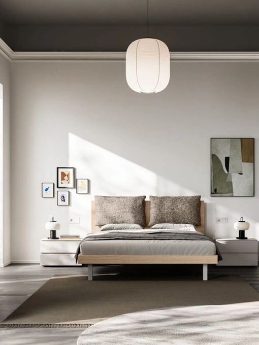 Letto Cremi Night 01 in finitura effetto legno con cuscini imbottiti di Orme