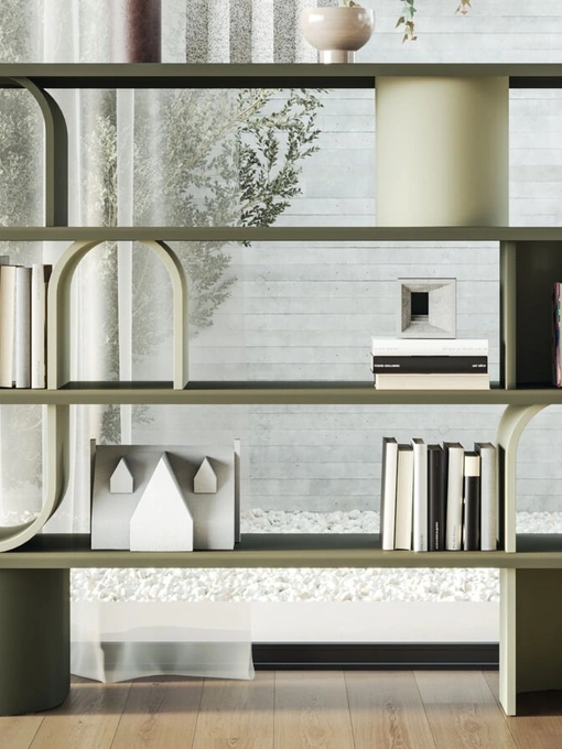 Libreria divisoria Libera Round in legno laccato con ripiani in metallo di Ronda Design