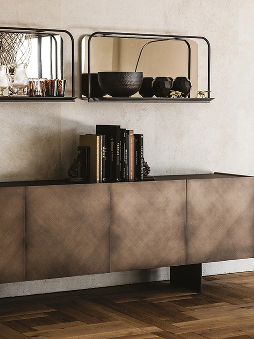 Madia Arizona in legno Brushed Bronze con top in cristallo extrachiaro verniciato moka acidato di Cattelan Italia