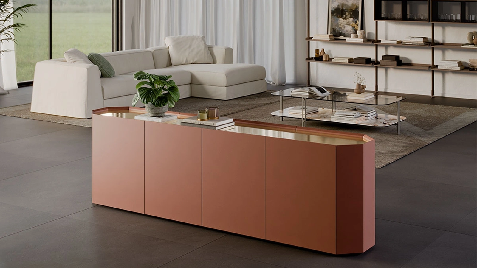 Madia in legno laccato e piano in cristallo Chelsea di Cattelan Italia