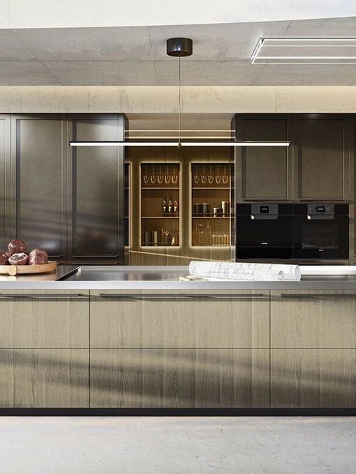 Cucina Design con isola Ak Project 09 in rovere, acciaio e bronzo di Arrital