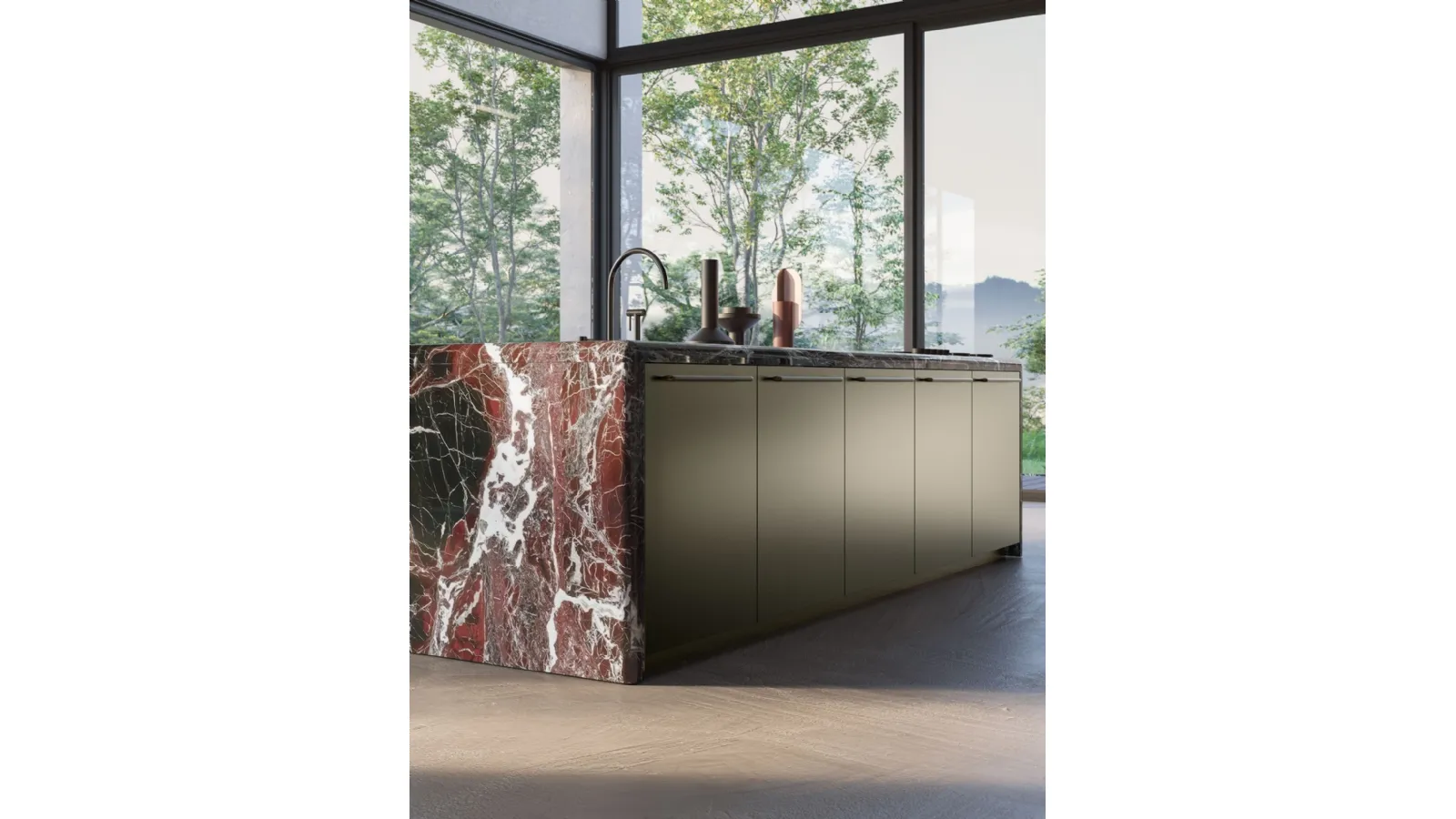 Cucina Design Antis Project 1 in laccato metallizzato Bronzo e marmo Rosso Lepanto lucido di Euromobil