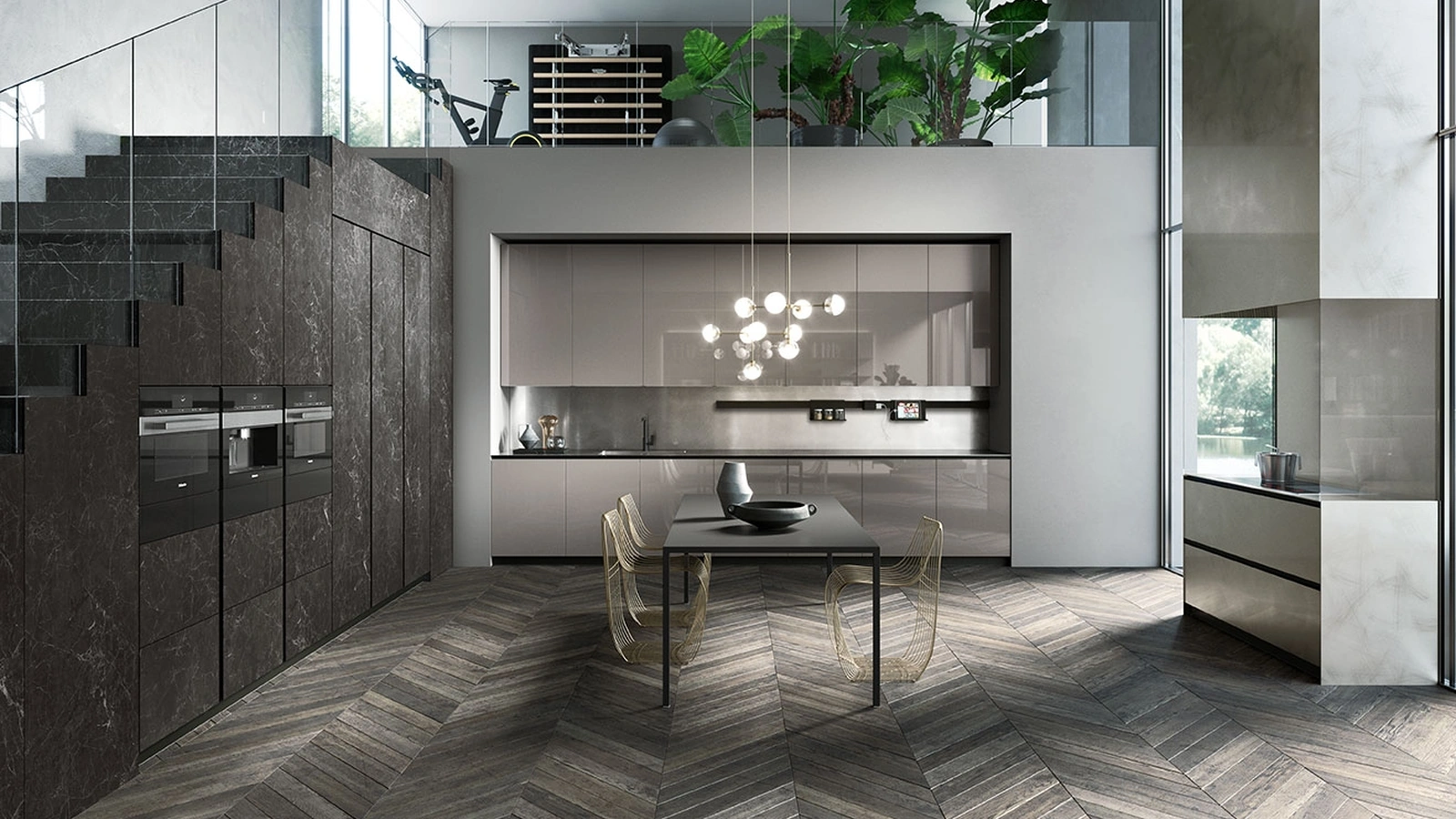 Cucina Design angolare Ak 04 02 in vetro lucido Grigio Londra e Laminam di Arrital