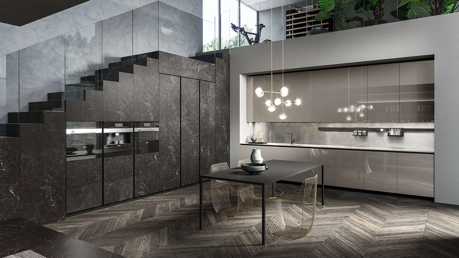 Cucina Design angolare Ak 04 02 in vetro lucido Grigio Londra e Laminam di Arrital