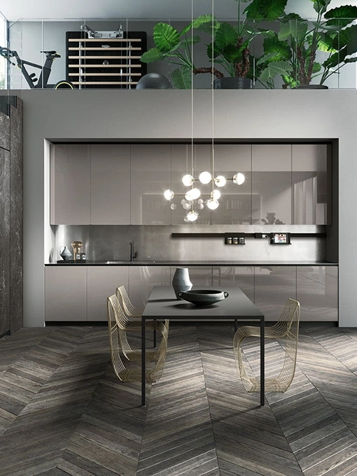 Cucina Design angolare Ak 04 02 in vetro lucido Grigio Londra e Laminam di Arrital